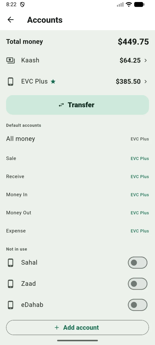 Accounts screen — total money across cash and EVC Plus, one-tap Transfer, and mobile-money accounts ready to switch on