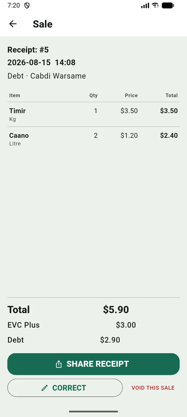 A numbered receipt for a credit sale — Receipt #5, the items, and the split: paid by EVC Plus, the rest on the customer's tab