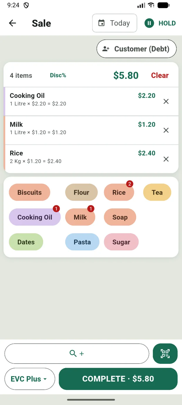 Sale screen with a four-item cart, product chips for quick adding, and a COMPLETE button showing the total