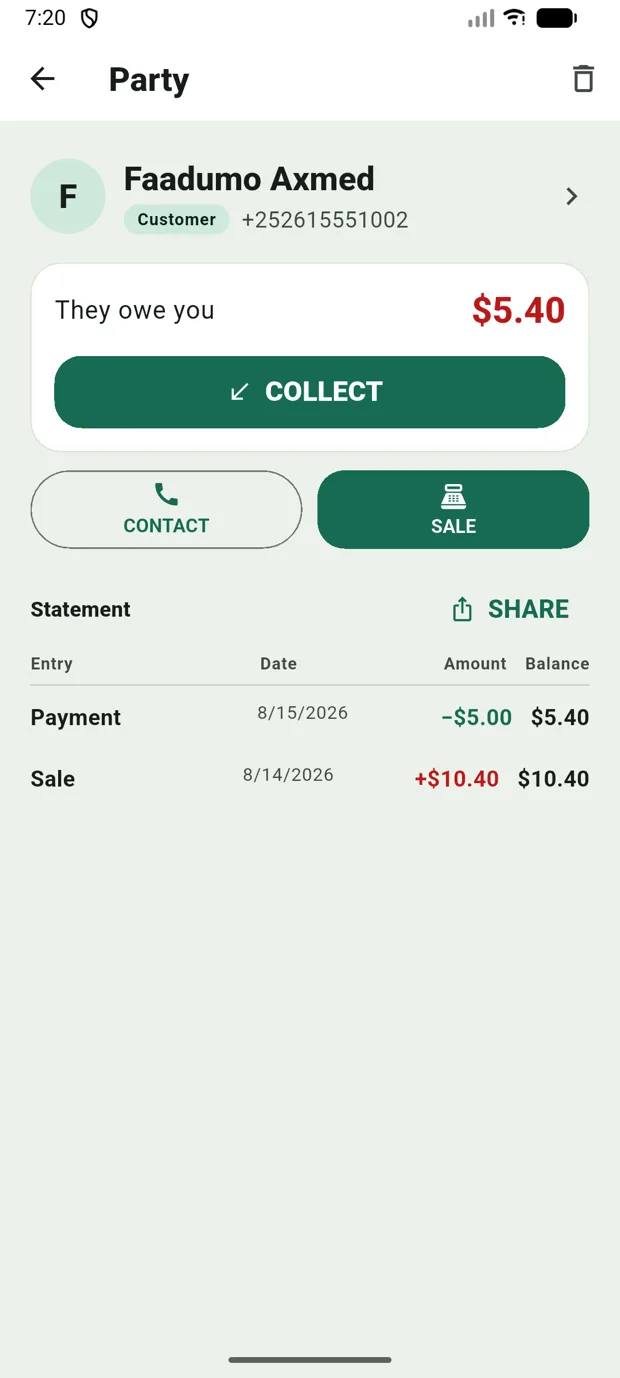 Customer statement — They owe you $5.40, a COLLECT button, and a running-balance table of every sale and payment